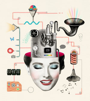Collage - machine emerging from the head of a youn womane - Copyright Valero Doval. All Rights Reserved
