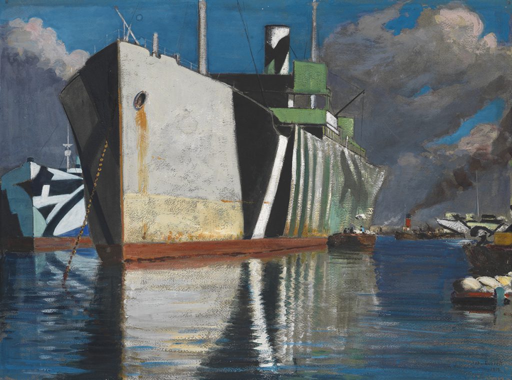 Discharging flour 1918, dazzle painted cargo vessel with reflection in calm water, and other vessels in the background PAH6916