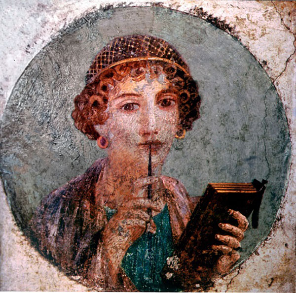 Portrait of a girl, previously thought to represent Sappho the ancient Greek poetess, with tablets and pen. She is also known as "Meditation". Country of Origin: Italy. Culture: Roman. Date/Period: c 75 AD. Place of Origin: Pompeii. Material Size: Fresco, diameter 29cm. Credit Line: Werner Forman Archive/ Museo Archeologico Nazionale, Naples, Italy. Location: 07.