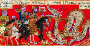 Iran / Persia: Faridun and his sons confront a dragon. From a 14th century Shahnama, late Ilkhanid or Jalayirid period © Pictures From History