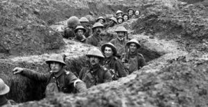 Soldiers of the 11th Inniskilling Fusiliers in a captured German trench at the Battle of Cambrai near Havrincourt on the Western Front in France during World War I in November 1917 ©Mary Evans Picture Library