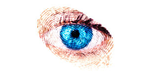 ^BBiometric identification.^b Conceptual computer artwork of a human eye in the form of a fingerprint. This could represent the use of biometric parameters, such as iris patterns and fingerprints, to identify people. Such data is unique for each individual and could be incorporated into identification (ID) cards or passports. Fingerprint and iris scanning technology can also be used for secure access to particular buildings or computer files.