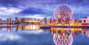 View of False Creek and Vancouver skyline, including World of Science Dome, Vancouver, British Columbia, Canada, North America ©Frank Fell/robertharding.com