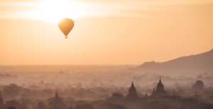 View of hot air balloon and temples at dawn, Bagan (Pagan), Mandalay Region, Myanmar (Burma), Asia ©Ben Pipe/robertharding.com