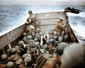 Operation Overload. In the English Channel direction Normandy: a US Landing Craft, Vehicle, Personnel (LCVP) is approaching Omaha Beach, 6 June 1944.