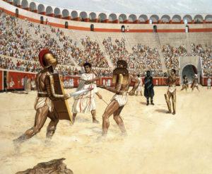 Gladiator fight in the amphitheatre of Pompeii between a "Secutor" and a "Retiarius". Watercolour by Peter Connolly