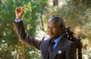 Nelson Mandela on the day of his release (11 February 1990) in the home of Archbishop Desmond Tutu in Cape Town.