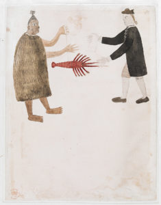 A Maori bartering a crayfish with an English naval officer, 'Drawings Illustrating Captain Cook's First Voyage, 1768-70 (ink & colour on paper)