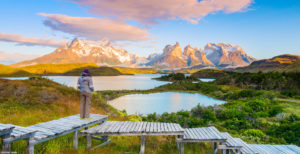 Chile, Patagonia, Torres Del Paine, Lake Pehoe, Patagonia, Torres del Paine National Park, watching the sunrise over the Torres del Paine across lake Pehoe ©Jordan Banks/4Corners Images