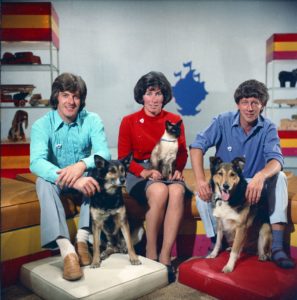 Blue Peter presenters Peter Purves, Valerie Singleton and John Noakes with the Blue Peter pets Petra Jason and Patch in July 1970 ©BBC Photo Library