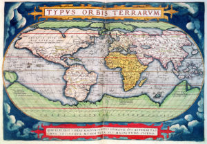 Map of the world: "Typus Orbis Terrarum", from Ortelius's "Americaesive Novi Orbis", 1570 (hand-coloured engraving) by Ortelius, Abraham (1527-98); British Library, London, UK; © British Library Board. All Rights Reserved Credit Line: www.bridgemanimages.com