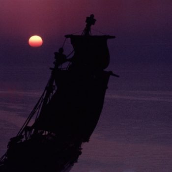 Fully-rigged ship sails into the sunset. Used as cover illustration for 'The Travels of Captain Cook'. Culture: Polynesia. Place of Origin: Pacific Ocean. Credit Line: Werner Forman Archive/ Location: 09.