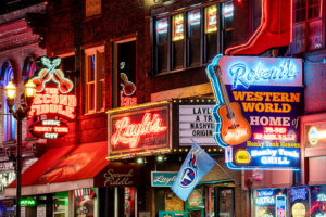 United States, Tennessee, Nashville, Neon Signs on Broadway, Nashville, Tennessee, USA