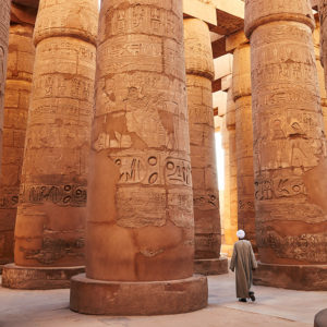 Egypt, Nile Valley, Luxor, Thebes, Temples of Karnak, Nile, Temple guardian walking through the columns of the Great Hypostyle Hall, Temple of Karnak, Luxor
