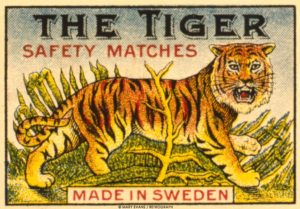 Label design, The Tiger safety matches, made in Sweden. circa 1900