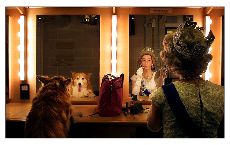 2FKT19W Auditions were held today at Sadlers Wells Theatre for a corgi to play the part of the Queens corgi in an important scene in Roald Dahls The BFG when the BFG has breakfast at Buckingham Palace. The quieen is Nnicola Ann James and the corgi is Molly one of seven auditioning.pic David Sandison 9/1/02