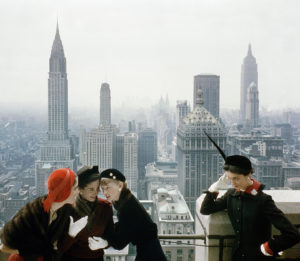 Fashion models wear a variety of hats on the roof of the Condé Nast building on Lexington Avenue, New York City. Published in American Vogue on October 15, 1949.