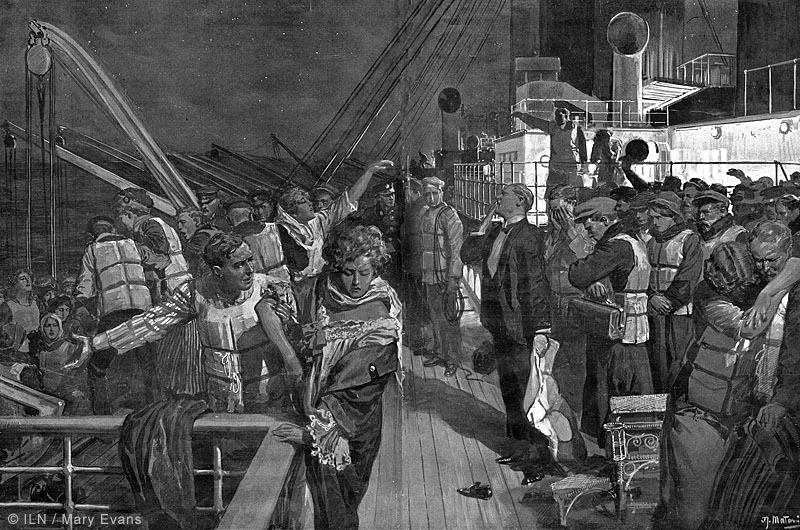Based on the detailed eyewitness account of a saloon steward who survived the disaster, special artist of &quot;The Sphere&quot; Fortunino Matania produced this reconstruction of the heartbreaking scene as men saw their wives and children onto the Titanic lifeboats, not knowing whether they would ever see each other again.     Date: 15 April 1912